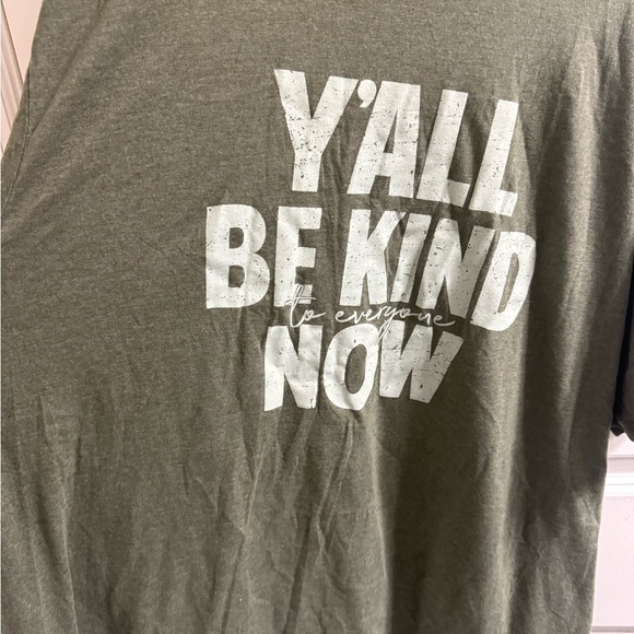 Women’s Olive Green Short Sleeve Tee with 'Y'ALL BE KIND' Graphic - Picture 2 of 3